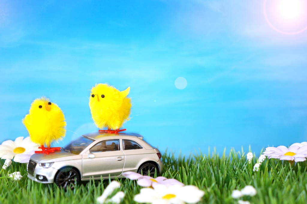 Frohe Ostern – 2 Küken sitzen auf einem Auto