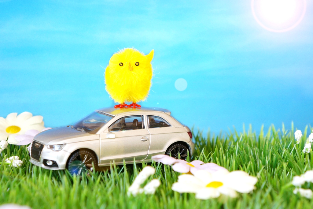 Frohe Ostern – 1 Küken sitzt auf Auto