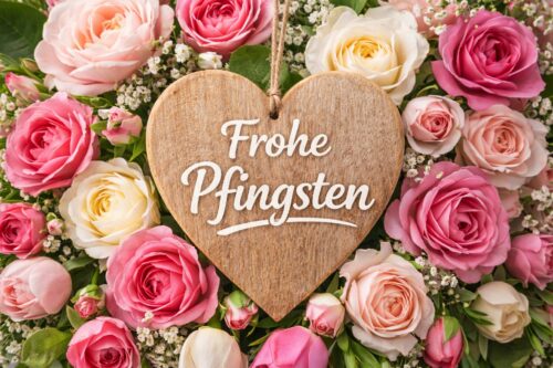 Frohe Pfingsten Bilder Holzherz und Rosen