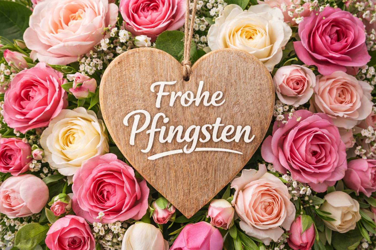 Frohe Pfingsten Bilder Holzherz und Rosen
