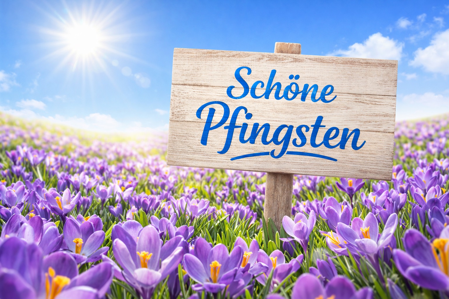 Schöne Pfingsten Bilder Blumenfeld mit Schild